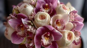 Beautiful bouquet of orchids and roses arranged for a special occasion in a warm setting photo