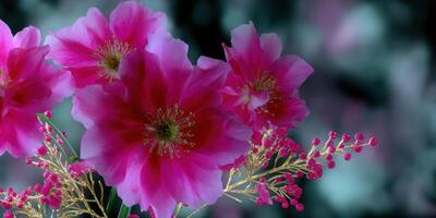 Vivid pink flowers in bloom with delicate accents and a blurred dark background creating a striking contrast photo