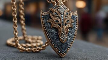 Intricate shield pendant displayed on a textured surface in a bustling market during late afternoon hours photo
