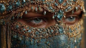 Intricate blue and gold headpiece adorns a person during a cultural celebration in an ornate setting photo