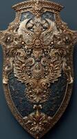 Intricate decorative shield featuring ornate designs and rich textures suitable for display photo