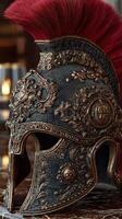 Detailed Roman gladiator helmet on display with ornate design and vibrant crest in a historical setting photo