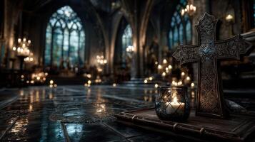 Mysterious Gothic setting with candles and a cross in an ancient cathedral during twilight hours photo