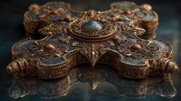 Intricately crafted antique artifact with ornate detailing reflecting light on a dark surface in a softly lit environment photo