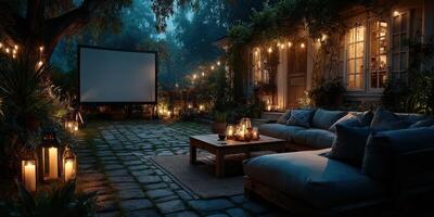 Cozy outdoor movie night setup with string lights, cushions, and a large screen in a tranquil garden photo