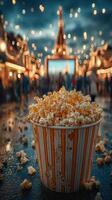 Crowd enjoying a vibrant nighttime festival with spilled popcorn in focus and lights gleaming in the background photo