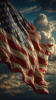 Waving American flag against a backdrop of dramatic clouds at dusk photo