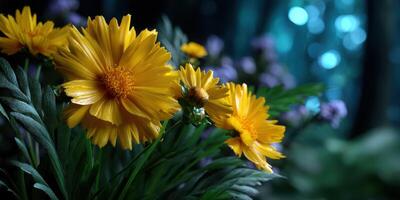 Vibrant yellow flowers bloom under soft blue lighting in a serene garden setting during dusk photo