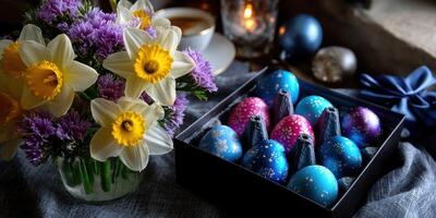Colorful Easter eggs with flowers and coffee create a festive atmosphere in a cozy room photo