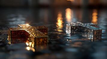 Beautifully crafted crosses floating on water in a serene and reflective atmosphere during twilight hours photo