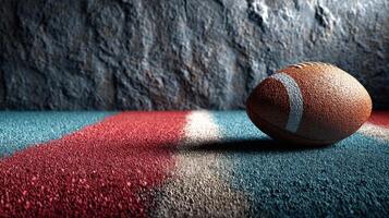 Football rests on a colorful field with textured surface, showcasing a close-up during a game or practice session photo