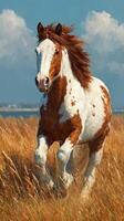 Brown and white horse running swiftly through tall golden grass with a clear blue sky overhead photo