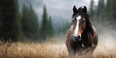 Wild horse walking through misty grasslands in a forested area during early morning hours photo