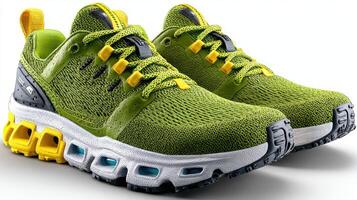 Bright green running shoes designed for comfort and performance during outdoor activities photo