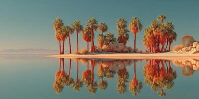 Picturesque palm trees reflected in calm water at sunset on serene beach island photo