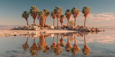 Beautiful palm trees reflecting in serene water at sunset near the shoreline photo