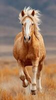 Horse galloping through golden grassland on a sunny day in an open field photo