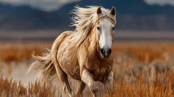 Majestic white horse running swiftly through golden grasslands under a cloudy sky in a serene landscape setting photo