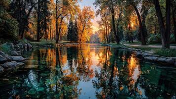Serene autumn sunset over the tranquil river with vibrant foliage reflecting in calm waters photo