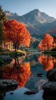 Autumn colors reflecting in a serene lake surrounded by mountains during golden hour photo