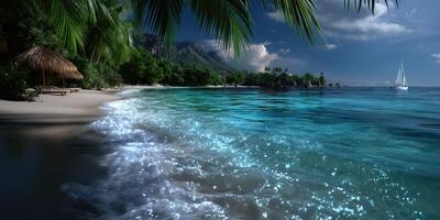 Tranquil beach with clear turquoise water and gentle waves at dusk near tropical vegetation and a sailboat on the horizon photo