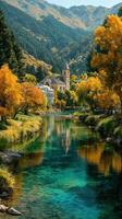 Vibrant autumn landscape along a clear river near a historic church nestled in the mountains during a sunny afternoon photo