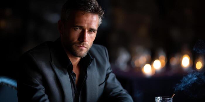 Man in a smart suit sitting at a dimly lit table with a drink and smoke in an upscale bar during the evening photo