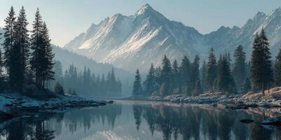 Serenity in the winter mountains with reflective lake and evergreen trees at dawn photo