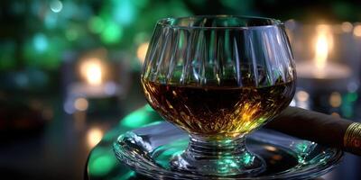 Enjoying a glass of whiskey with a cigar in a cozy lounge setting during the evening ambiance photo