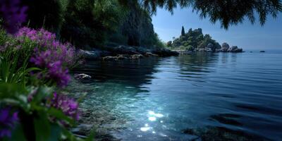 Calm waters reflect sunlight near a scenic coastline with blooming flowers and a historic castle in the background on a clear day photo