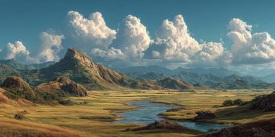 Vast landscape with rolling hills and dramatic clouds above a winding river in the afternoon sun photo