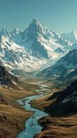 Majestic snowy mountain peaks surround a winding river in a serene valley at sunrise photo