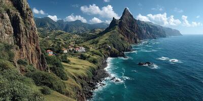 Majestic coastal landscape with rocky cliffs and green hills near village at midday photo