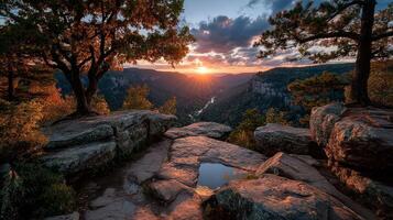 Scenic view of a sunset over a valley from a rocky overlook surrounded by trees in a natural landscape photo