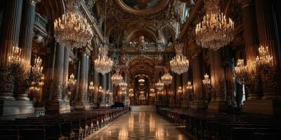 Majestic interior of a historic opera house featuring ornate chandeliers and grand architecture during an elegant evening photo