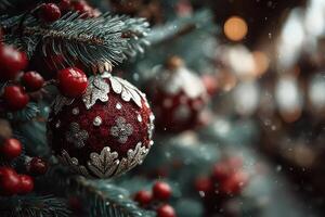Beautifully decorated Christmas ornament hanging on a pine tree branch with soft snowfall in the background photo