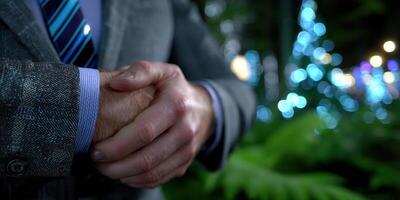 Elegant hands of a man dressed in a suit showcasing sophistication at an outdoor event during evening festivities photo