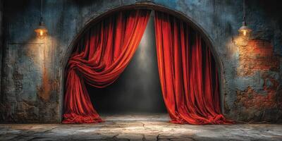 Red velvet curtains frame an empty stage in an atmospheric theater at dusk, awaiting the next performance to begin photo