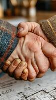 Handshake between two individuals indoors signifying agreement and collaboration during a meeting in a cozy setting photo