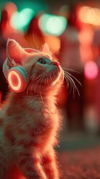 Joyful cat wears colorful headphones while enjoying a lively atmosphere in an outdoor setting at night photo
