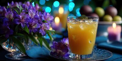 Refreshing citrus drink beside vibrant flowers and fruits in a cozy evening setting photo