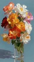 Colorful floral bouquet in a glass vase showcasing peonies and blooms against a blue background photo