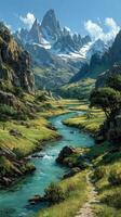 Majestic mountain landscape with a winding river under a clear blue sky in a serene setting photo