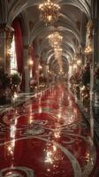 Grand hallway with elegant chandeliers and floral arrangements in an opulent setting during the evening photo