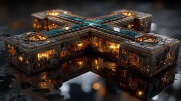 Intricate futuristic architecture displayed with vibrant lights and reflective surfaces in a fantasy setting photo