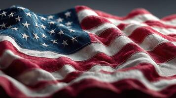 Waving American flag folds create a dynamic display of colors and textures in soft lighting photo