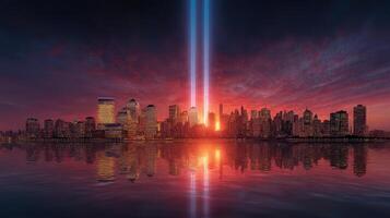 Skyline of New York City illuminated by tribute lights at sunset, showcasing remembrance and unity following a significant event photo