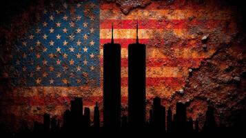 Silhouette of twin towers against a rusty American flag background at night photo