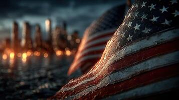 City skyline illuminated at dusk with textured American flags in the foreground photo