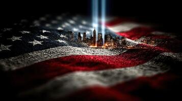 City skyline silhouette over an American flag with beams of light shining upward at twilight photo